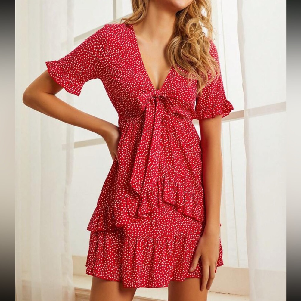 Boho Red Polka Dot Ruffle Hem Mini dress - Picture 2 of 6